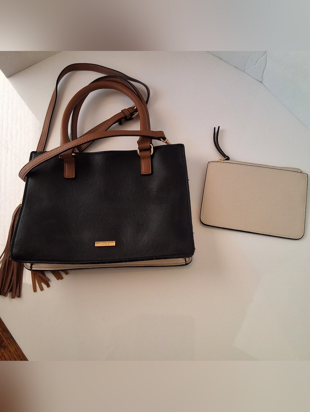 Aldo Black Satchel with Brown Handles and Cream Coin Purse